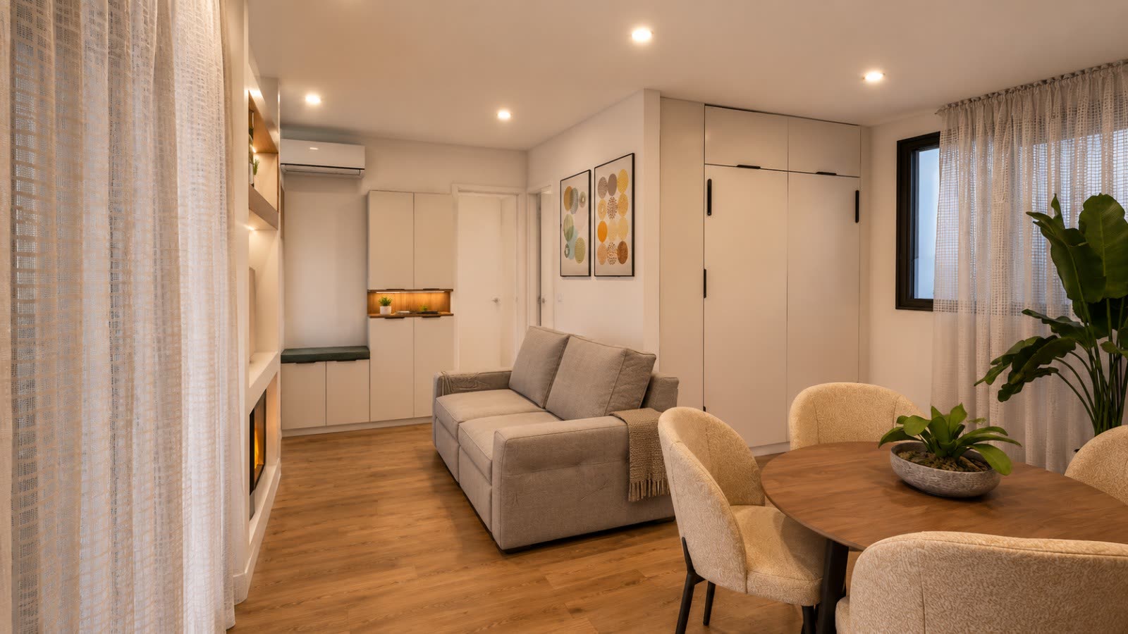 Salón terminado — sofá, mesa redonda, cortinas y salida a la terraza
