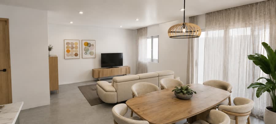 Salón con sofá, mesa de comedor de madera y lámparas de fibra natural